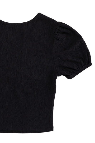 Shirred V-Neck Short Puff Sleeve Top