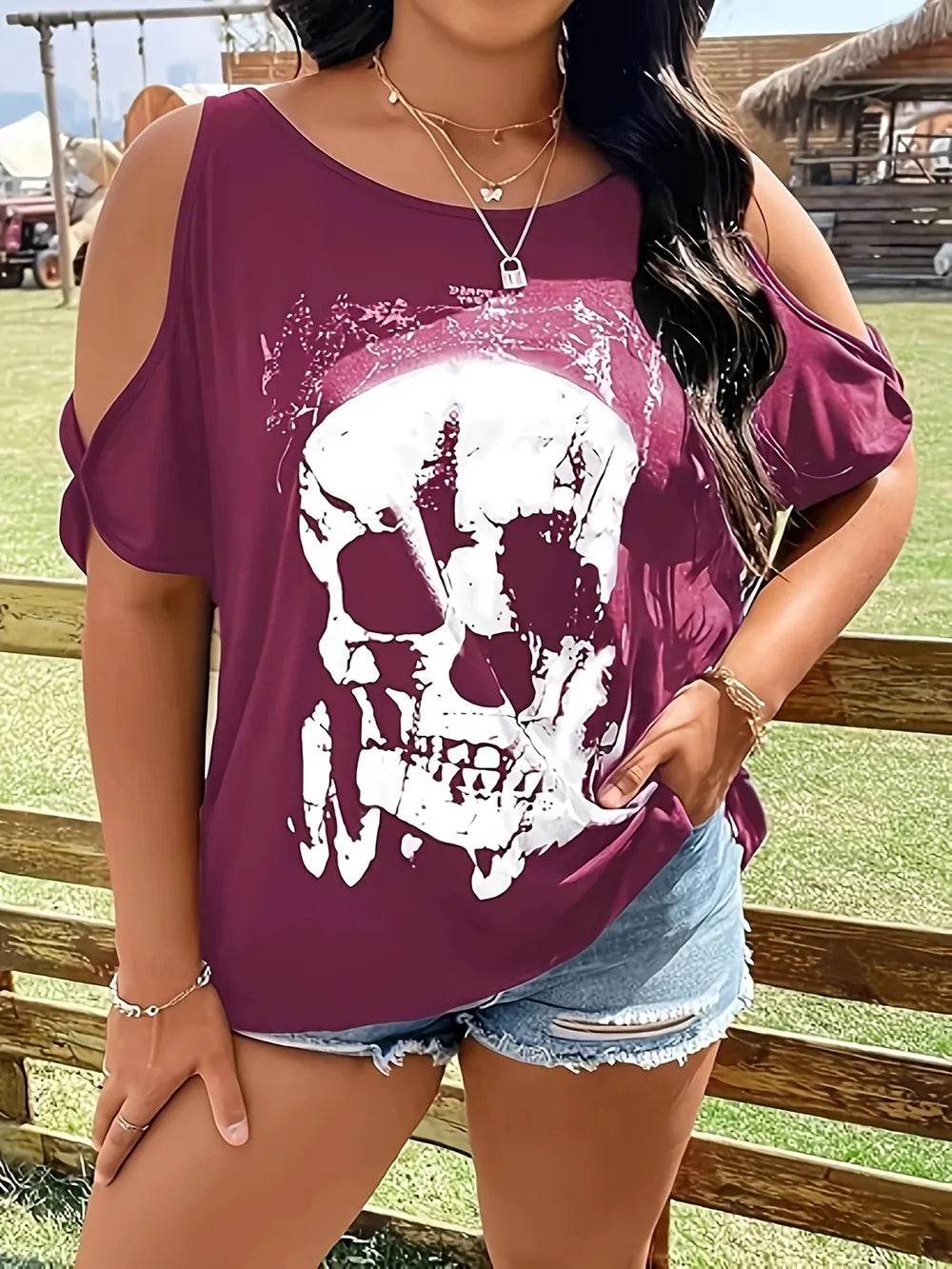 Plus Size Skeleton Graphic Round Neck Cold Shoulder T-Shirt - Halloween Top - Fashions Envy