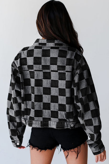 Checkered Button Up Denim Jacket