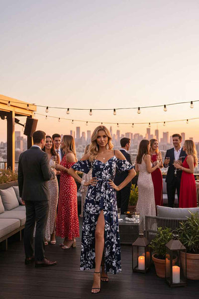Floral Maxi Summer Dress - Cold Shoulder Split A-Line