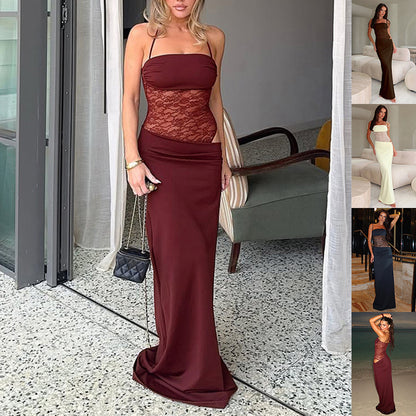 Sexy Y2K Lace Halter Party Evening Sleeveless Maxi Dress