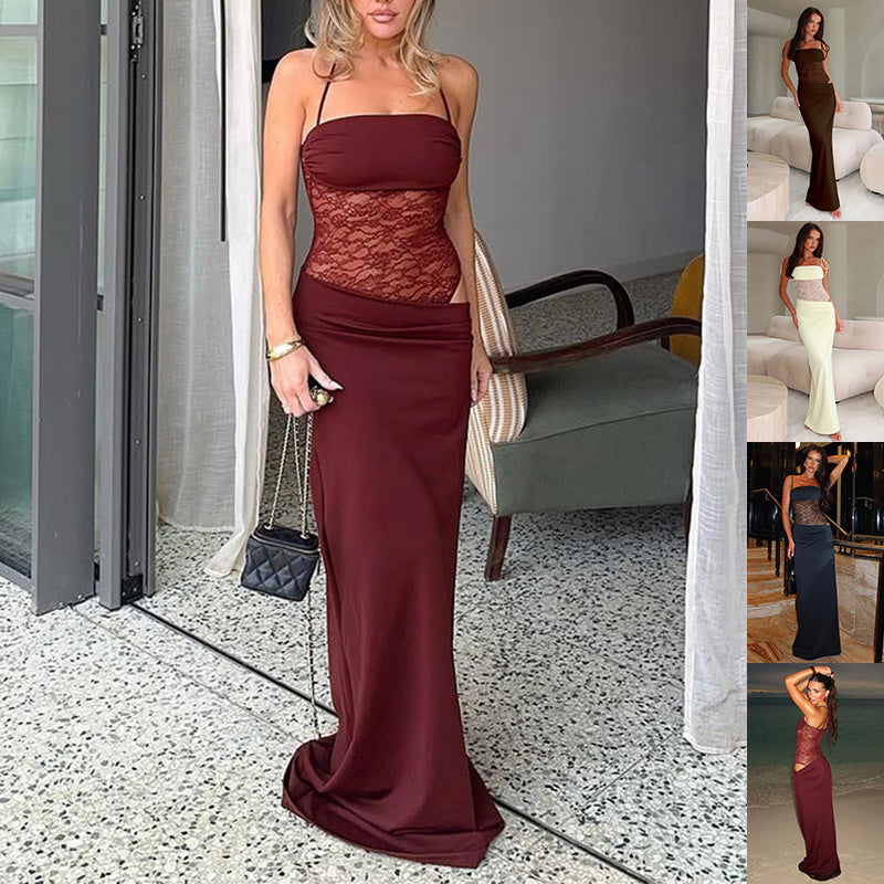 Sexy Y2K Lace Halter Party Evening Sleeveless Maxi Dress