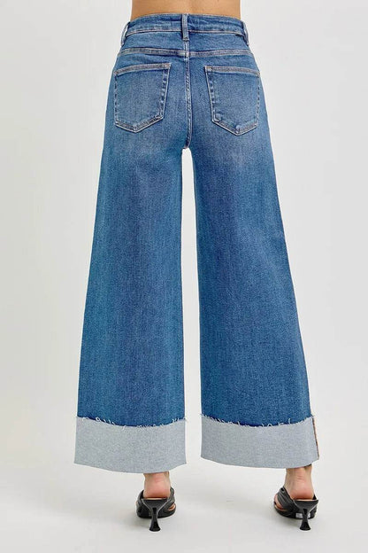 RISEN Full Size Tummy Control High Rise Crop Wide Cuffed Jeans Plus Size - Fashions Envy