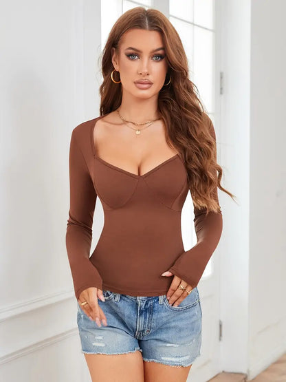 Slim Fit Tummy Control V-Neck Sexy Stretch Long Sleeve Y2K Top