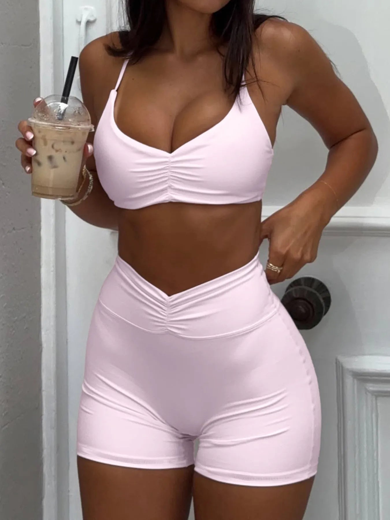 Trendsi Pink Shorts Active Set featuring a stylish crop top and high-waisted shorts for active wear