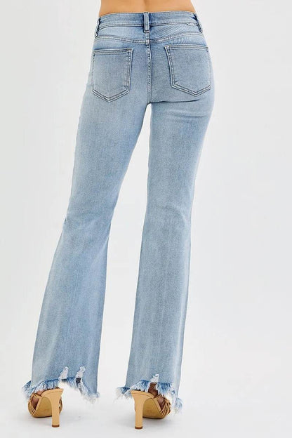RISEN Full Size Tummy Control Mid Rise Flare Jeans with Fray Hem Detailed Plus Size - Fashions Envy