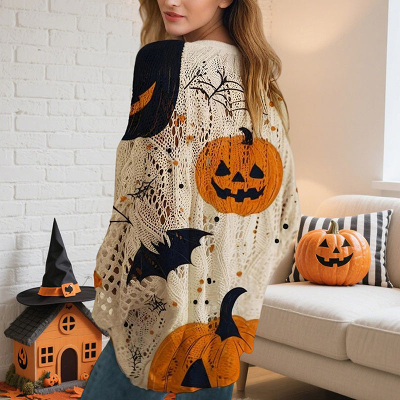 Diamond Hollow Out Batwing Sleeve Top - Loose Fit Pumpkin Halloween Print