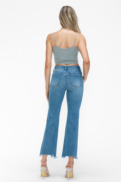 Medium Blue Raw Hem Distressed Mid Rise Crop Jeans