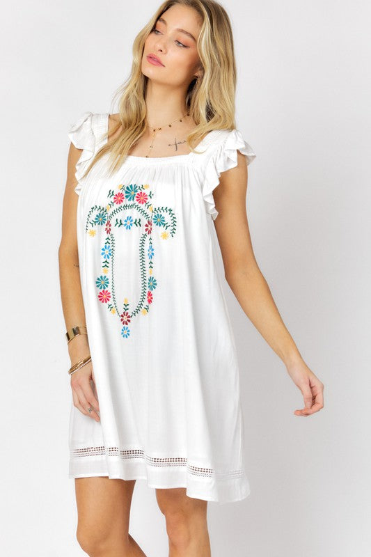 Loose Fit Embroidered Square Neck Mini Dress