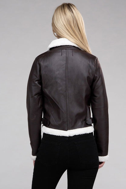 Cropped Plush Teddy Trimmed PU Leather Jacket