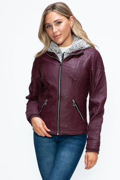 Wine Faux Layered Double-Zipper Jacket with Fuzzy Hood