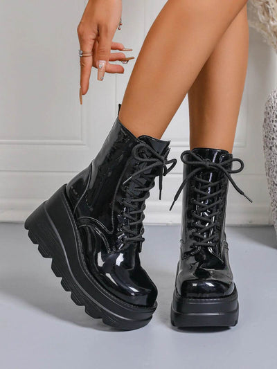 Lace Up Wedge Platform Boots - Low Heel Statement Boots - Fashions Envy
