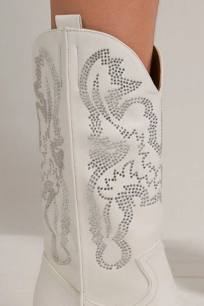 White Rhinestone Detail Point Toe Boots