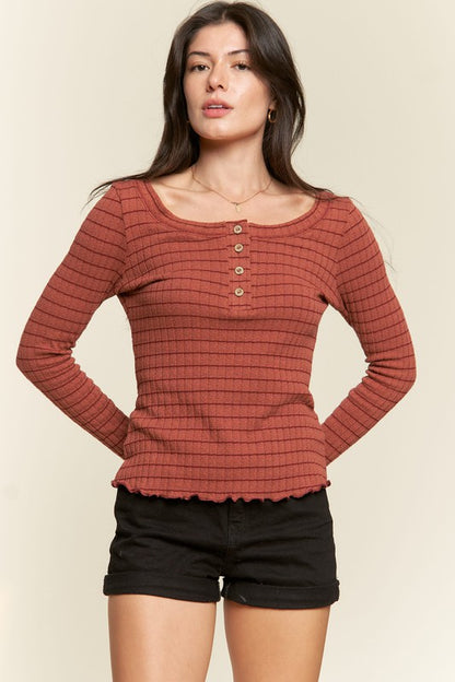 Ribbed Henley Neck Long Sleeve Basic Top