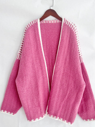 Double Take Contrast Open Front Dropped Shoulder Cardigan - Fashions Envy