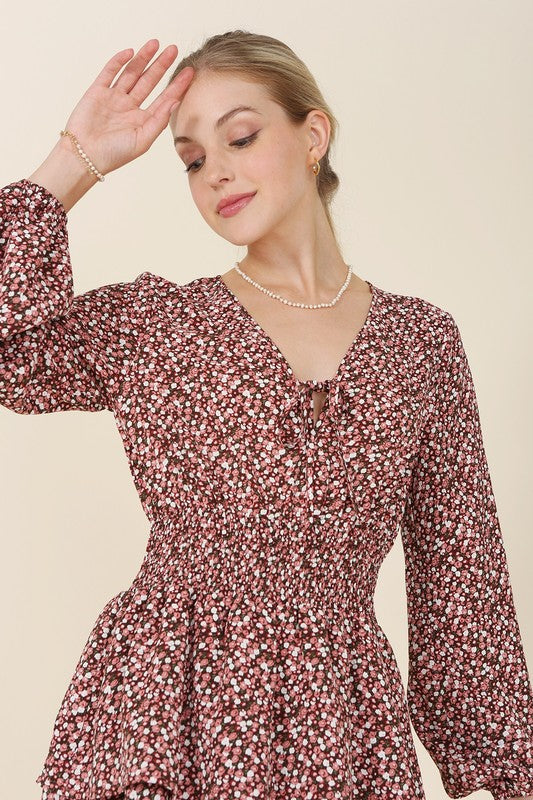 Multi Floral Babydoll Long Sleeve Mini Dress