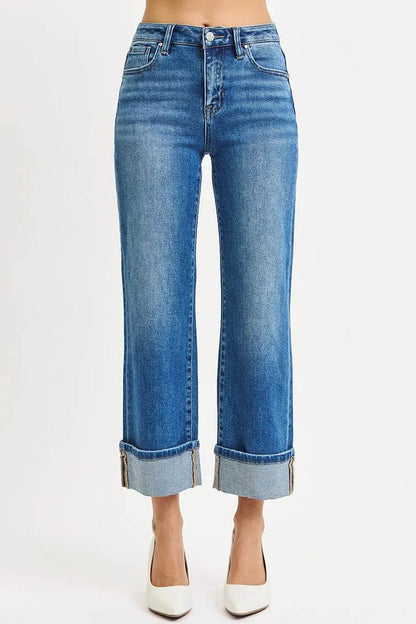 RISEN Full Size Mid Rise Crop Straight Cuffed Jeans Plus Size - Fashions Envy