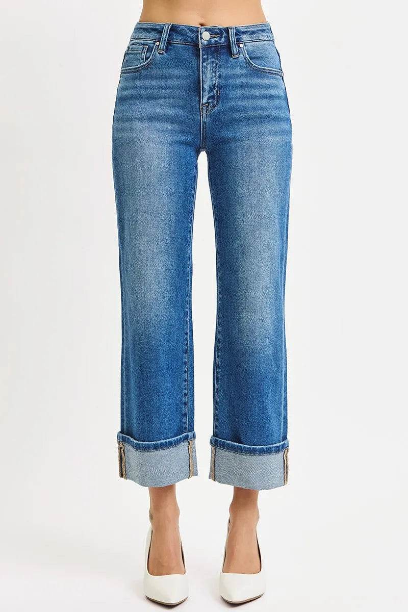 RISEN Full Size Mid Rise Crop Straight Cuffed Jeans Plus Size - Fashions Envy