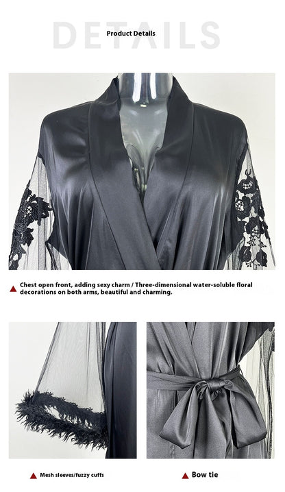 Sheer Lace Robe - Full Length Boa Sleeve Intimate Wear