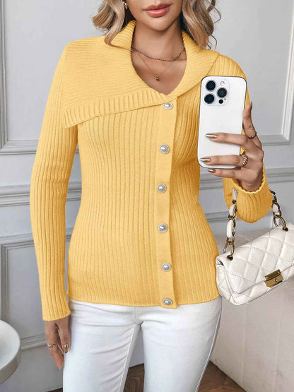 Ribbed Button-Up Cardigan - Chic Asymmetrical Style - Fashions Envy