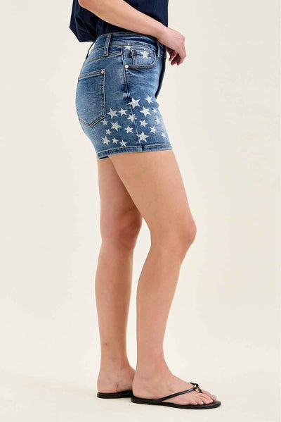 Star Splatter Denim Shorts - Judy Blue High Rise Slim Fit