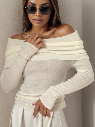 Off-Shoulder Sweater - Long Sleeve Knit Pullover
