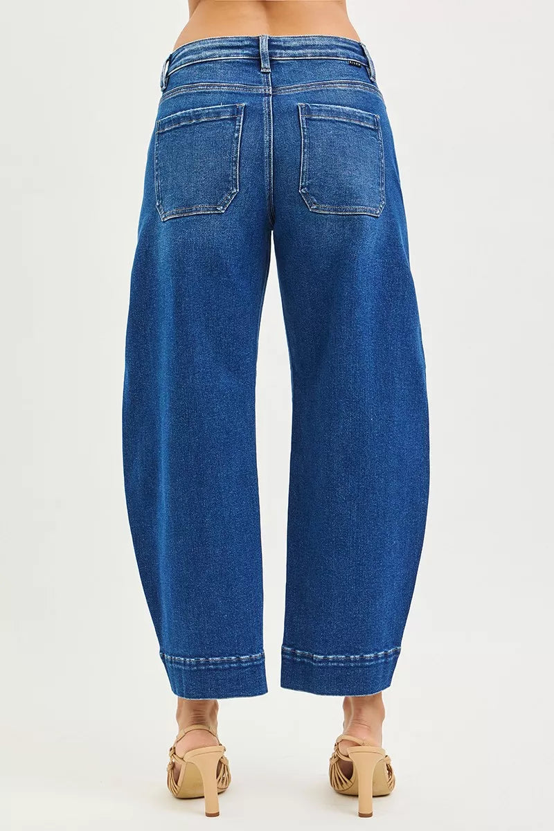 RISEN Mid Rise Crop Barrel Jeans - Fashions Envy