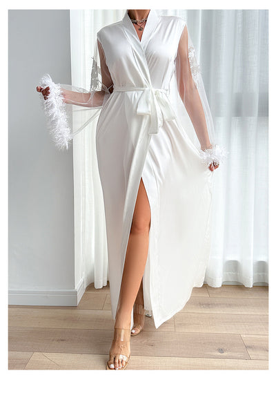 Sheer Lace Robe - Full Length Boa Sleeve Intimate Wear