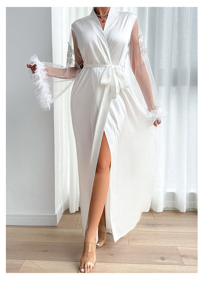 Sheer Lace Robe - Full Length Boa Sleeve Intimate Wear