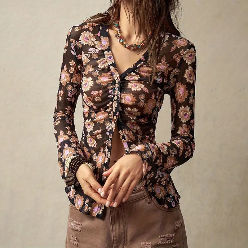 Long Sleeve V Neck Ruched Button Down Floral Shirt