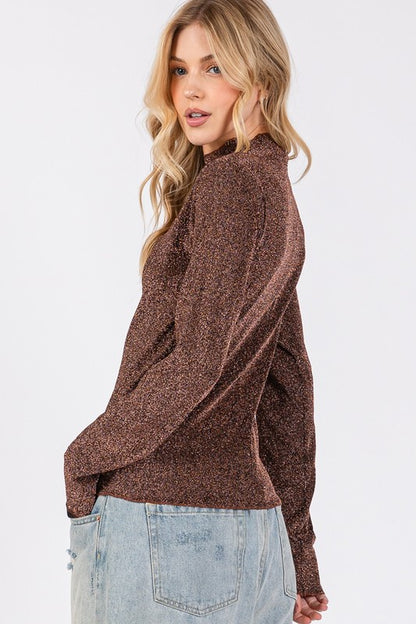 Brown Glitter Mock Neck Lettuce Hem Long Sleeve Top