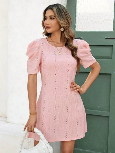 Eyelet Round Neck Puff Short Sleeve Mini Dress - Romantic Summer Dress - Fashions Envy
