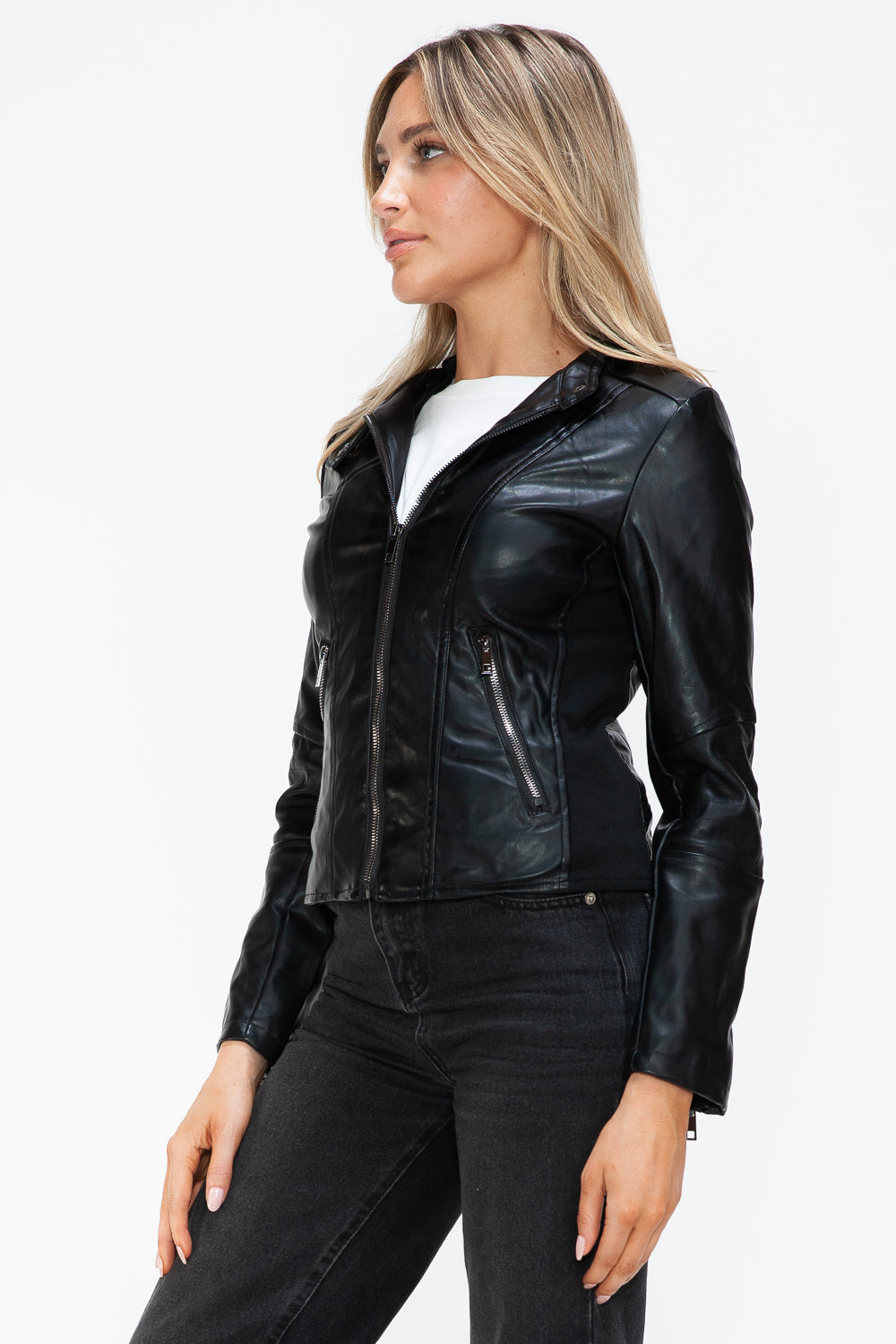 Black Faux Leather Zip Up Drawstring Hooded Jacket