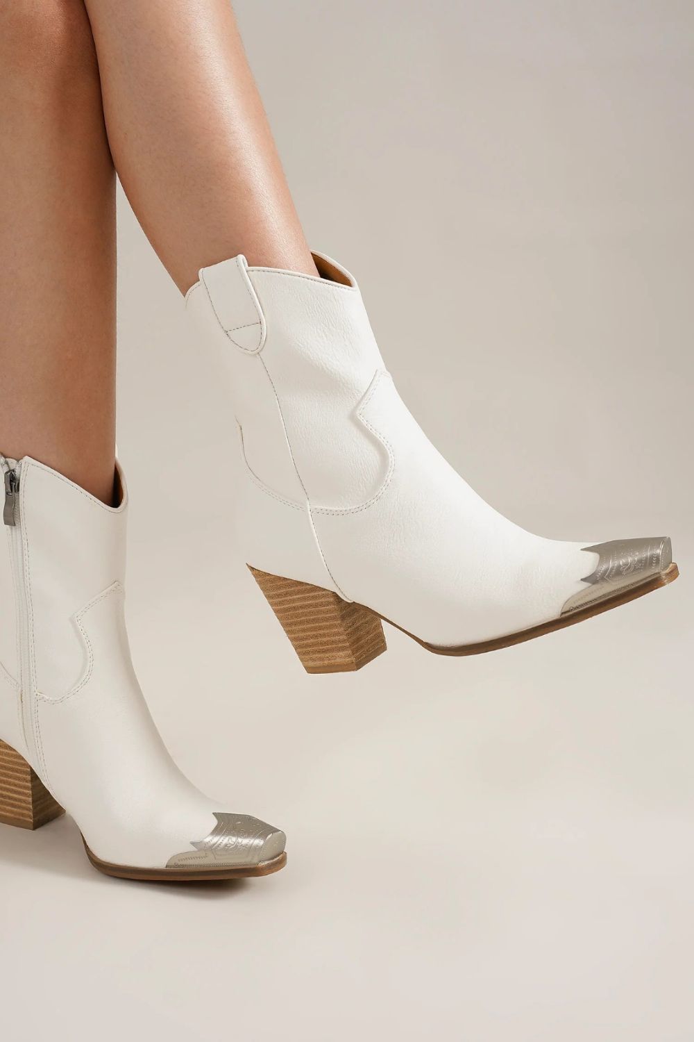 White Faux Leather Block Heel Boots with Side Zippers