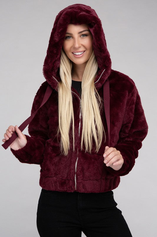 Fluffy Zip-Up Drawstring Teddy Hoodie