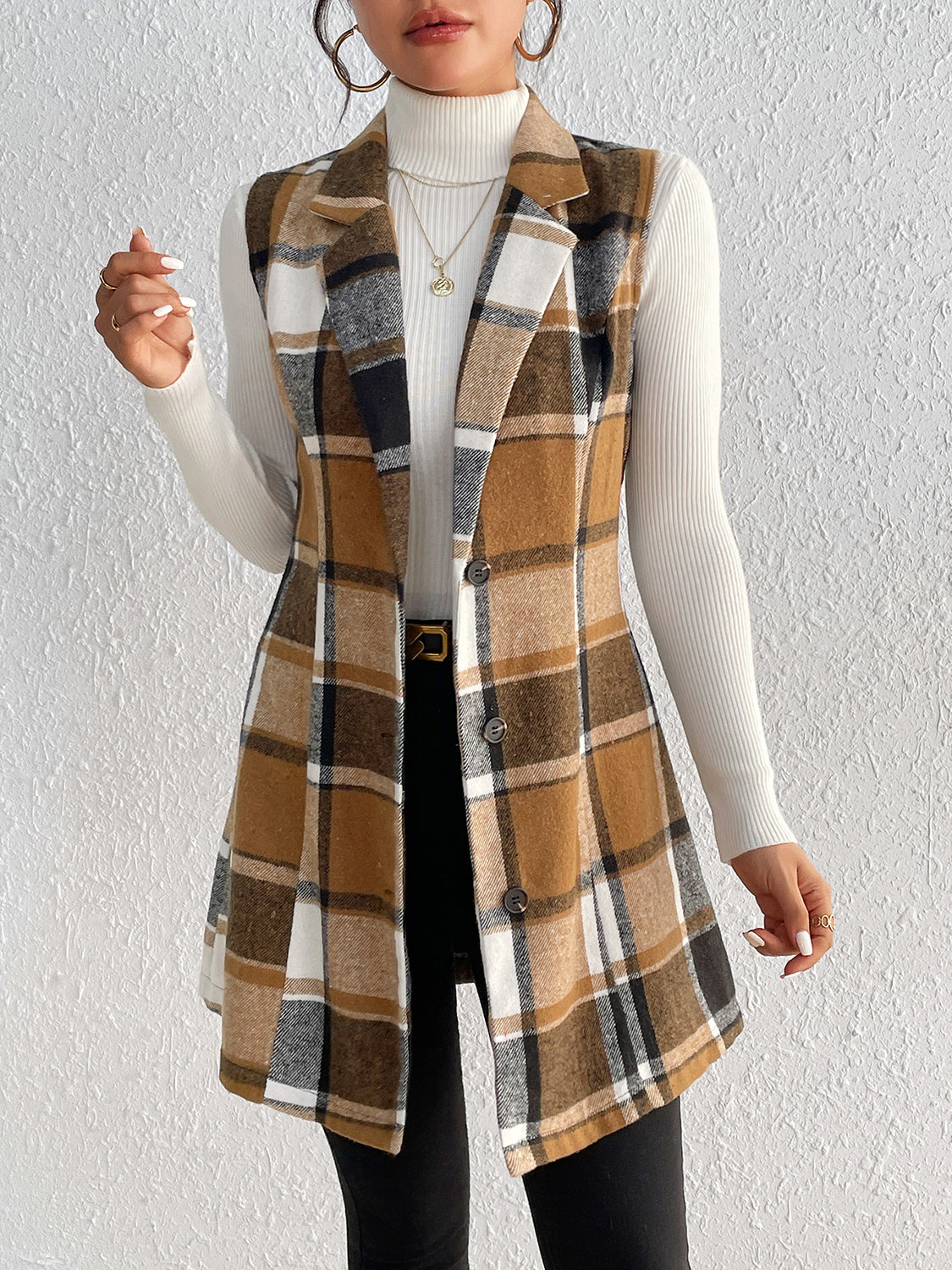 Honey Plaid Lapel Collar Vest - Fashions Envy