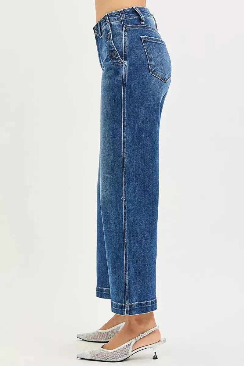 RISEN High Rise Wide Leg Jeans - Dark Wash Button Detail