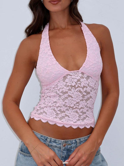 Lace Semi-sheer Backless Halter Neck Cami