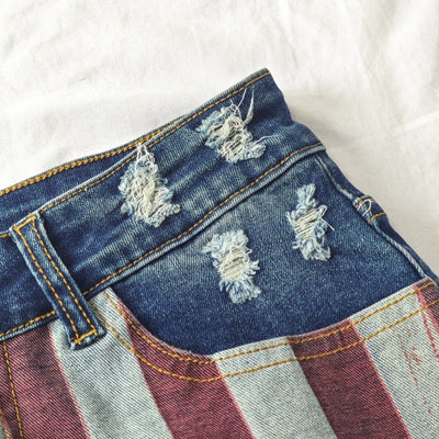 Trendsi American flag denim shorts close up distressed waist and striped red white pocket detail