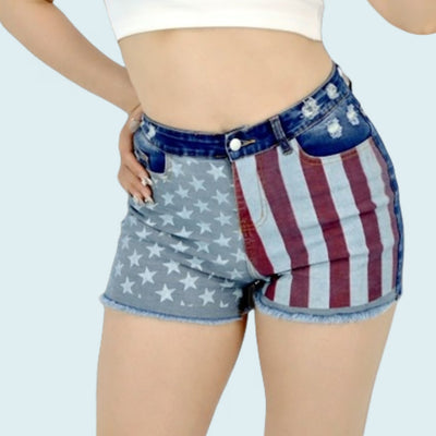 Trendsi American flag denim shorts with stars and stripes front print distressed waistband and frayed hem