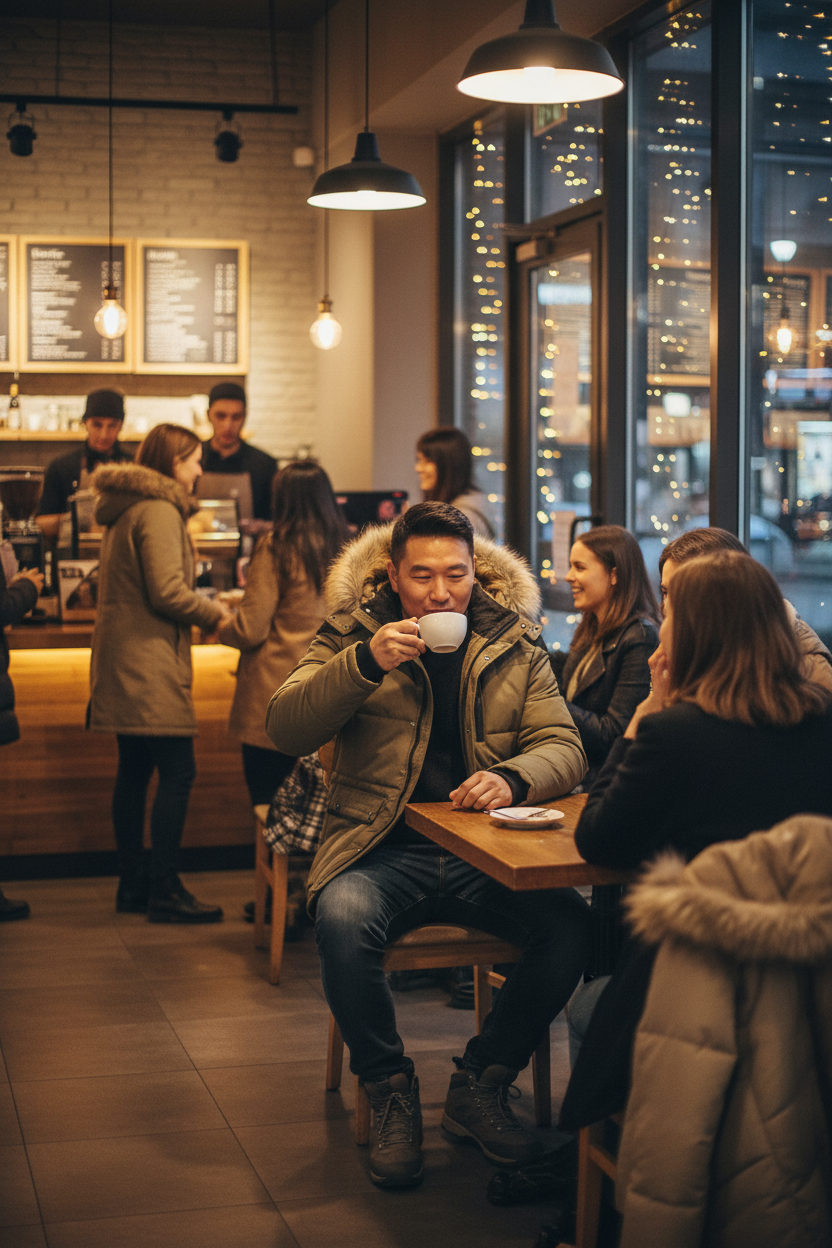 Asian man at coffee shop wearing fur hooded winter parka hood down