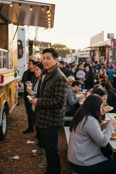 Asian man at food truck festival wearing plaid fleece jacket