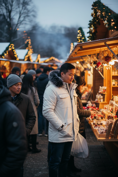 Asian man at outdoor Christmas market wearing fur hooded parka coat