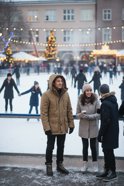 Asian man at outdoor ice skating rink wearing hooded parka coat