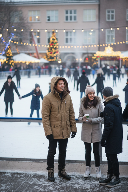 Asian man at outdoor ice skating rink wearing hooded parka coat
