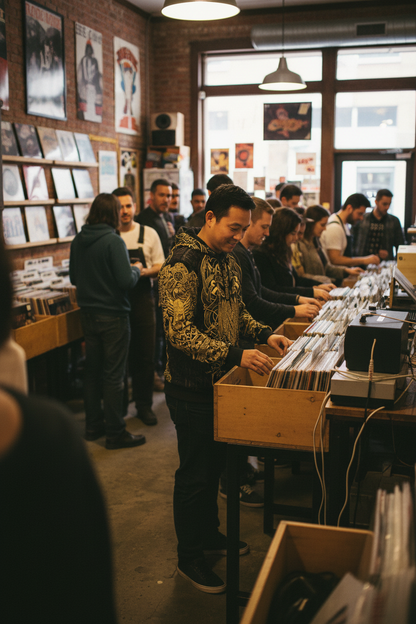 Asian man at vinyl record shop wearing Viking tattoo anime game hoodie