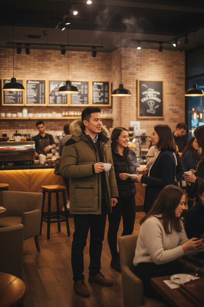 Asian man standing at coffee shop wearing full fur hooded winter parka