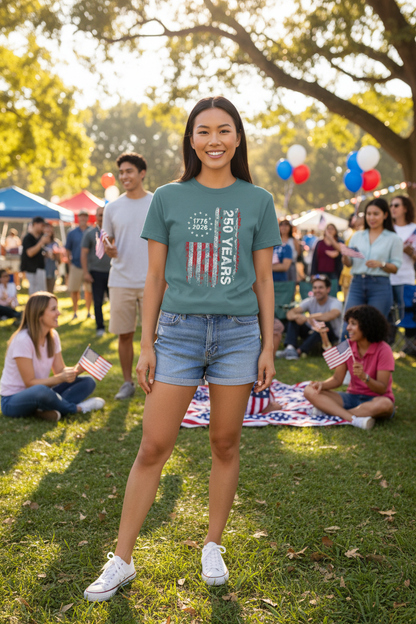 Asian model in vertical flag 250 Years t-shirt at community park gathering