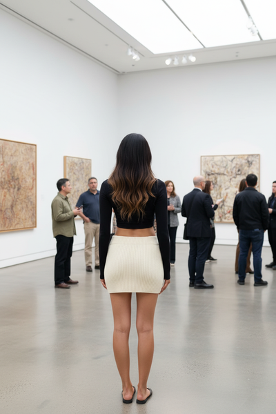 Asian model wearing textured woolen mini skirt at art gallery back view