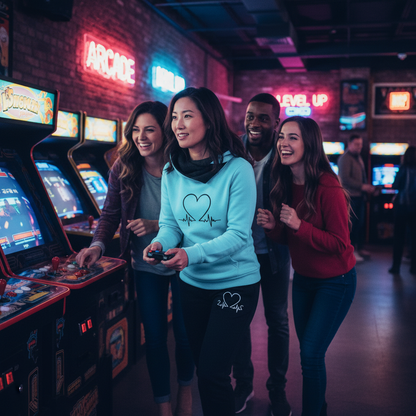 Asian woman at arcade game bar